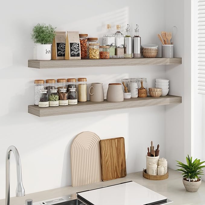 Fun Memories Floating Shelves for Wall, 48Inch Long Floating Shelves Set of 2, Hanging Shelf with Invisible Brackets, Wood Shelves for Living Room, Bedroom, Kitchen, Grey