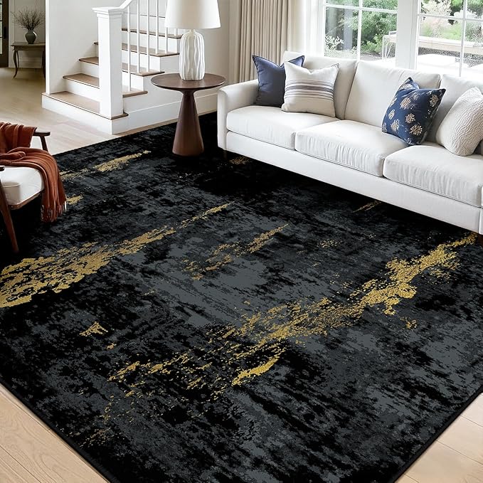 RELEANY Washable Area Rugs Square 10ft Non-Slip Modern Abstract Soft for Living Room Entryway Bedroom Nursery, Print Pattern, Dark Black Gold