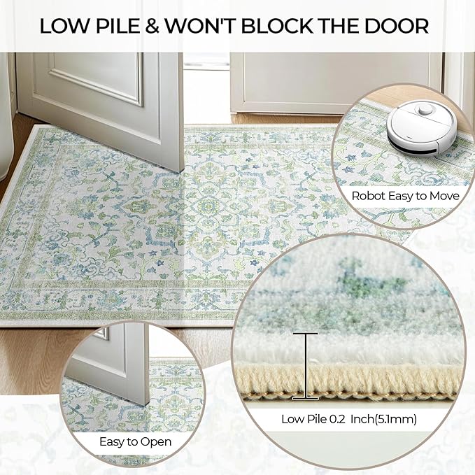 CAPALOCA Machine Washable Rugs Nursery Rug 5x7 Cute Girl Non Slip Low Pile Water Repellent Soft Print Pattern for Bedroom Indoor Decor Kids Playroom Green Blue