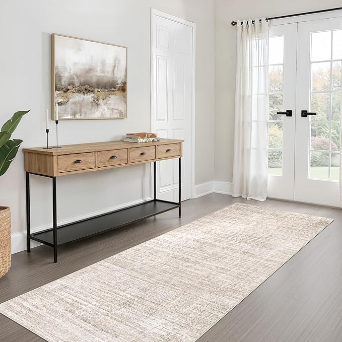 Runner Rug Non-Slip Kitchen Rug: 3x10 Washable Abstract Modern Soft Stain Resistant Indoor Floor Neutral Accent Throw Carpet for Hallway Bathroom Laundry Room Bedroom Entryway- Beige