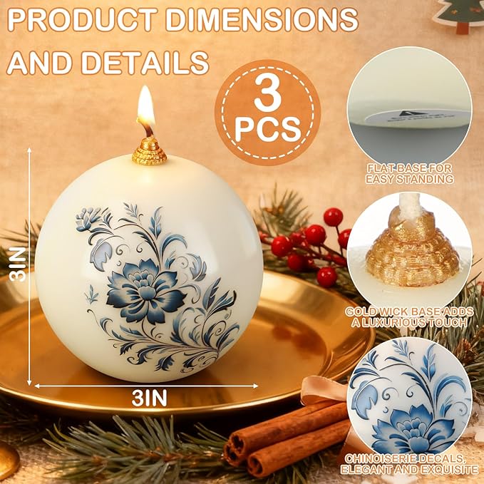 Conelist 3 Pcs 3" Chinoiserie Porcelain Decor Round Ball Candles Blue and White Floral Round Pillar Candles Set Unscented for Spring Tables Centerpiece Bridal Wedding Shower Home Decoration Party Gift