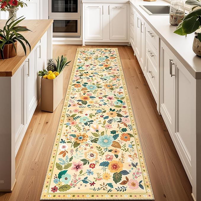RELEANY Floral Nursery 2x6 Area Rugs Washable Print Boho Cute Carpet Non Slip Flower Low Pile for Living Room Kids Girls Playroom Bedroom Kitchen Office Farmhouse-Ivory/Yellow