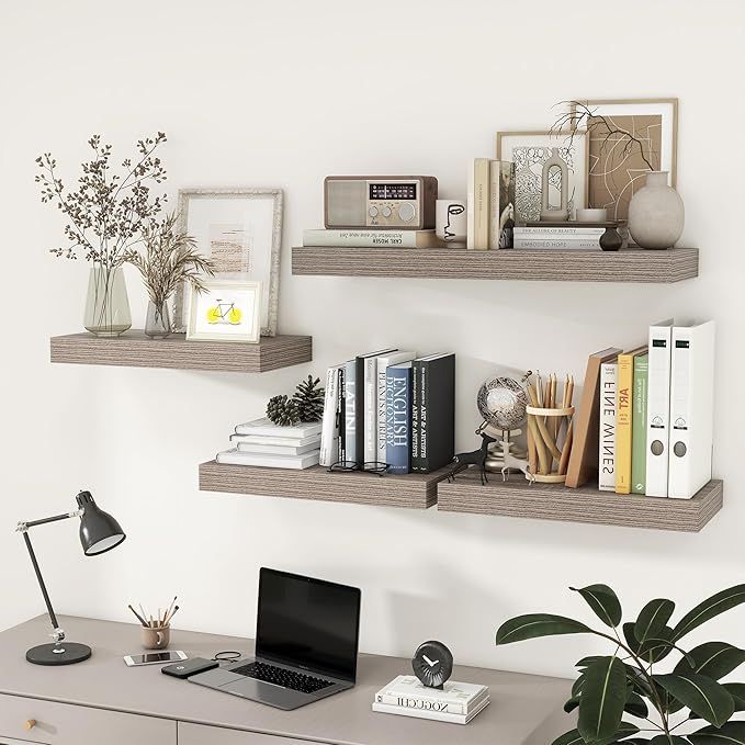 FLYJOE Deep Floating Shelves | 24 Inch Grey Floating Shelves Set of 2 | 12 Inch Deep Rustic Wood Shelves for Wall | 24" W x 12" D Grey Shelves for Living Room Bathroom Laundry Room Kitchen