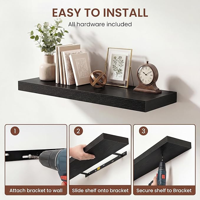 Dreamland 16 Inches Floating Shelves for Wall, 9.3" Deep Long Floating Shelves Set of 2, Large Display & Storage Shelf, Wall Shelf for Bathroom Bedroom Living Room Kitchen Office, Black