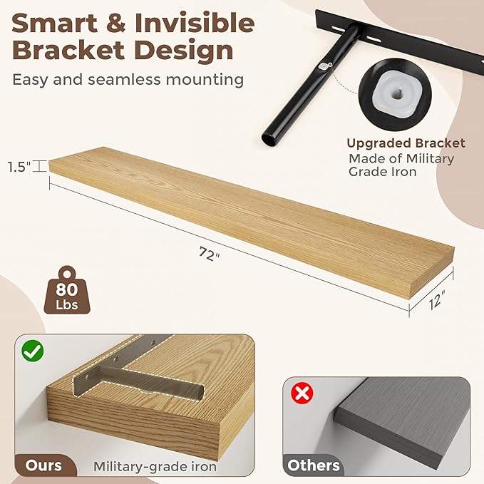 Fun Memories 72 Inch Floating Shelves, 12 Inch Deep Wall Shelf for Fireplace Mantel, Large Display Shelf & Storage Shelf, Wood Floating Wall Shelves for Home & Office, Oak, Set of 1