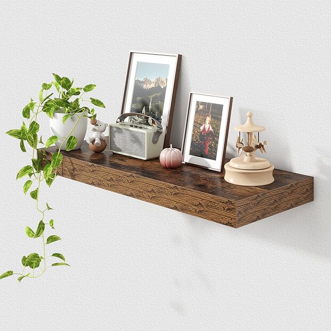 FLYJOE 30 Inch Floating Shelves | 12 Inch Deep Brown Floating Shelves | 30" W x 12" D Rustic Wood Shelves for Wall | Deep Brown Shelves for Living Room Bathroom Laundry Room Kitchen