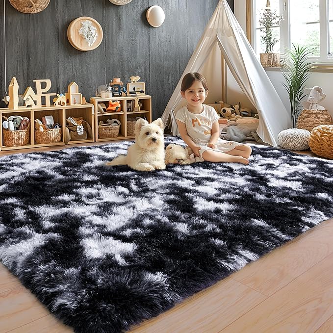 8x10 Area Rugs for Living Room, Ultra Soft Fluffy Large Shaggy Rug Carpet for Bedroom, Non-Slip Fuzzy Plush Rugs for Nursery Boys Girls Kids Room Modern Indoor Home Decor, Black and White