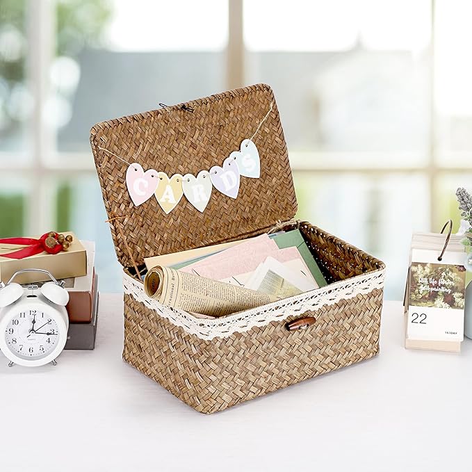 Hipiwe Wedding Card Basket Box Decorative Cards Holder with Letter Flag Handwoven Seagrass Basket Card Receiving Box for Wedding Reception, Baby Shower, Birthday Party, Graduation, Coffee Color