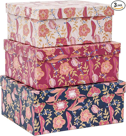 3-Piece Decorative Storage Boxes with Lids, Tulip Cherry Blossom with Gold Foil, Cardboard Paperboard Keepsake box Set, Photo Storage Box for Memory, Home Decor, Modern Decoration Organizer