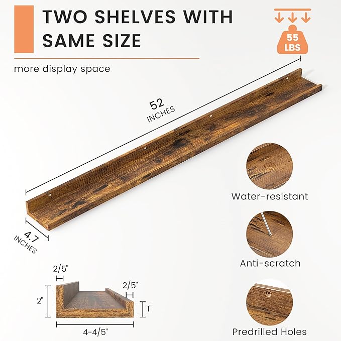 FLYJOE Picture Ledge Shelf, Floating Shelves Set of 2, 52 Inches Nursery Book Shelves for Toys Storage, Kids Bookshelf Wall Mounted for Living Room Bedroom Decor Books Photo Frames, Rustic Brown