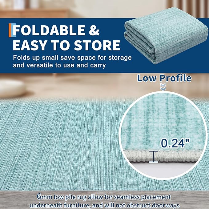 5x7 Washable Rugs Non Slip Minimalist Area Rug for Bedroom Soft Low Pile Solid Color Large Bedroom Throw Carpet Stain Resistant Classic Neutral Area Rug Plain Boho Rugs for Kitchen Nursery, Blue