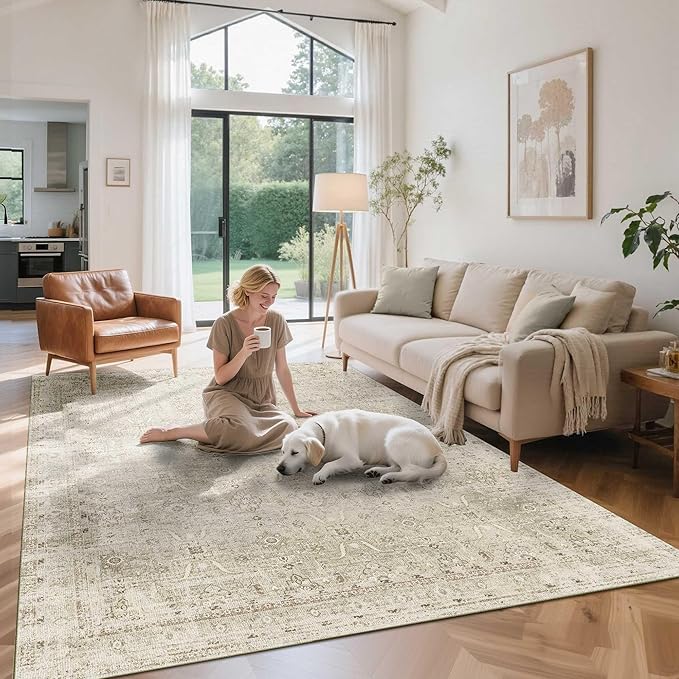 Rugxara 6x9 Area Rugs for Living Room Bedroom, Beige Large Washable Neutral Rug, Vintage Floral Retro Boho Non Slip & Low Pile Carpet for Indoor Dining Room, Classroom, Dorm, Nursery and Kids Room