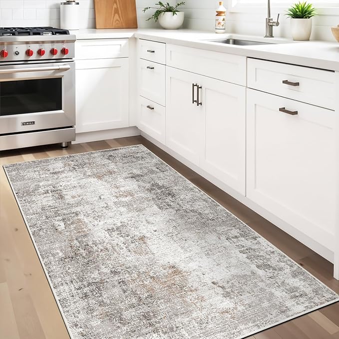 Washable 3x5 Entryway Rug - Non-Slip Soft Low-Pile Thin Small Area Rugs for Kitchen Bedroom Living Room Hallway – Modern Abstract Neutral Door mat Indoor（Beige Grey）
