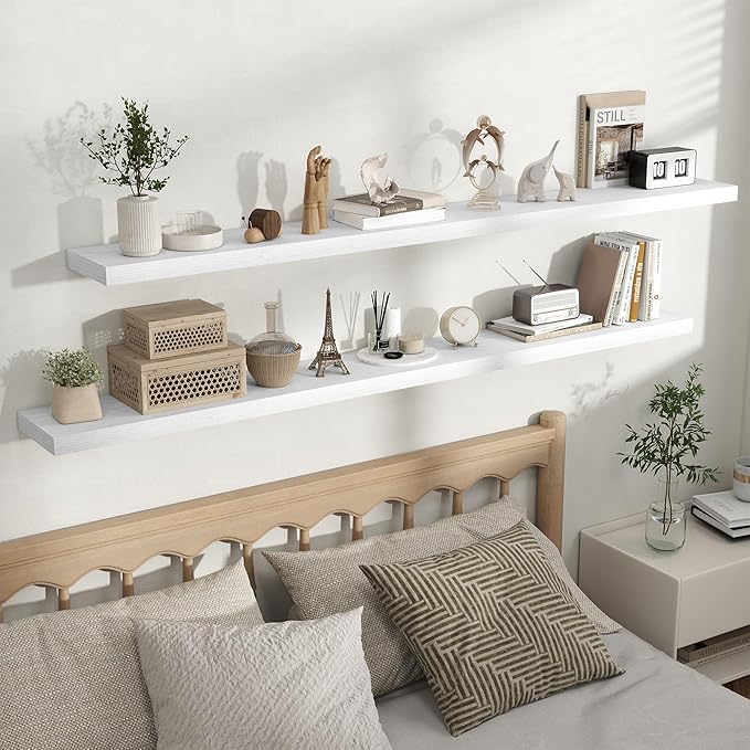 Fun Memories Rustic Floating Wall Shelves, Wall Mounted Wood Storage & Display Shelves for Bathroom, Bedroom, Living Room or Kitchen, (Set of 2, White, 72 in)