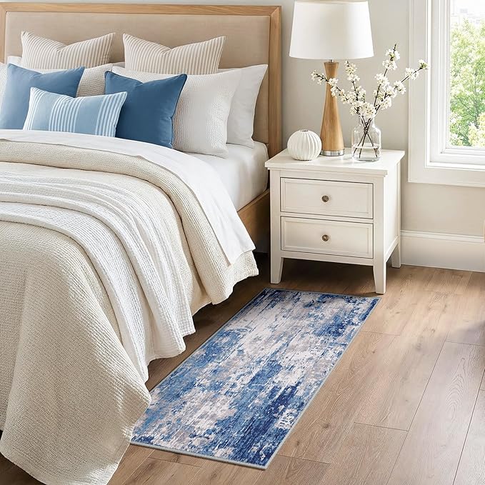 RELEANY Washable Area Rugs 2'x5' Non-Slip Modern Abstract Soft for Living Room Entryway Bedroom Nursery, Print Pattern, Blue Grey Navy Gray