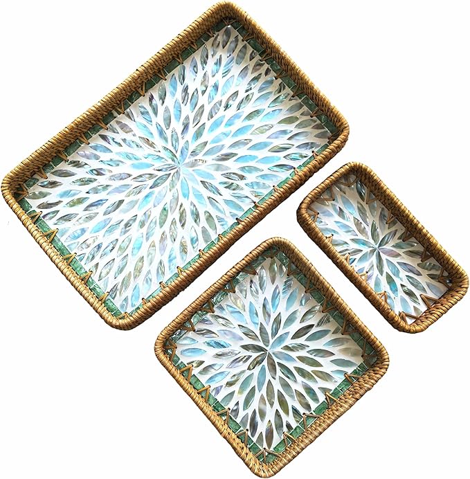 i-lan Set of 3 15" Rectangular Rattan and Blue Mother of Pearl Serving Tray,Boho Rectangule Natural Rattan Woven Trays,Natural Wicker Decorative Serving Baskets for Entryway Kitchen Bathroom Counter