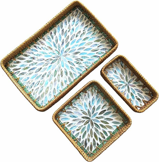 i-lan Set of 3 15" Rectangular Rattan and Blue Mother of Pearl Serving Tray,Boho Rectangule Natural Rattan Woven Trays,Natural Wicker Decorative Serving Baskets for Entryway Kitchen Bathroom Counter