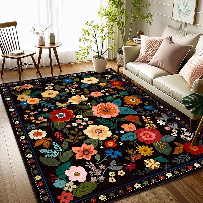RELEANY Floral Nursery 3x5 Area Rugs Washable Print Boho Cute Carpet Non Slip Flower Low Pile for Living Room Kids Girls Playroom Bedroom Kitchen Office Farmhouse-Black