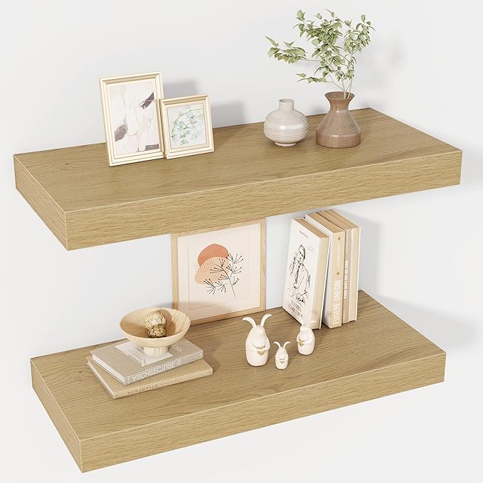 Acovy 24 Inch Floating Shelves, 12" Deep Floating Shelf Wall Mounted, 24" Wall Shelves, Rustic Deep Bookshelf, Extra Deeper & Thicker Display Shelves for Bedroom, Living Room, Oak, Set of 2