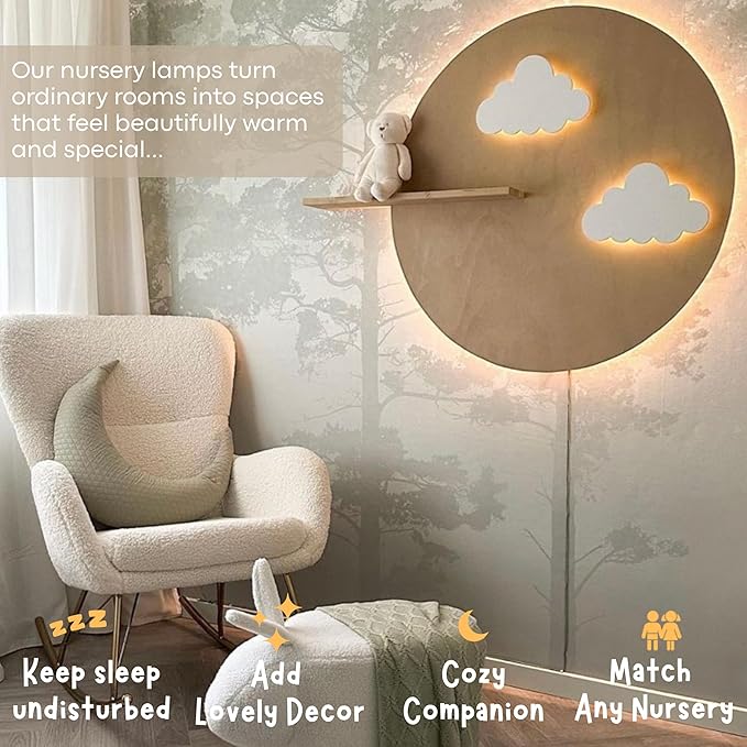 KALEOLI Cloud Wall Lights 2 Pack for Nursery – Dimmable & Rechargeable Night Lights for Baby Room Decor (Star Decals Included)