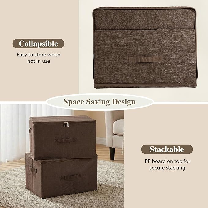 ANMINY 2PCS Storage Bins with Zipper Lids 51.9 Qt Lidded Fabric Storage Boxes Baskets Cubes with Handles Collapsible Washable Cotton Linen Closet Shelf Clothes Organizer - Coffee, Extra Large