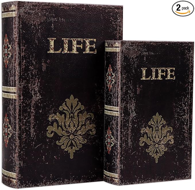 SICOHOME Decorative Book Box Set of 2 Wood Faux Book Box with Faux Leather Detailing Trinket Keepsake Vintage Wooden Treasure Chest for Women Kids Gifts Home Decor Christmas Ornament Storage