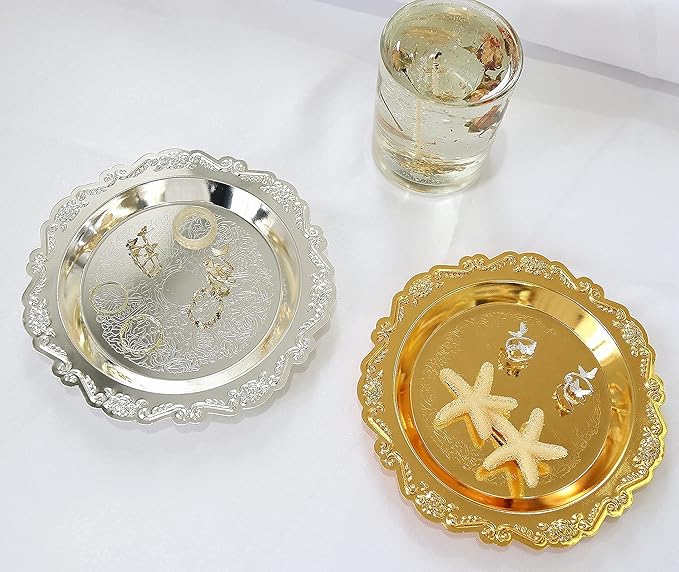 Round Storage Tray Necklace tray Jewelry Holder Organizer Dessert Plate Fruit DishRing Dish Organizer Holder Home Decor Wedding Gift for Perfume Candle Holiday Party(Golden/Silver) (Golden, Small)