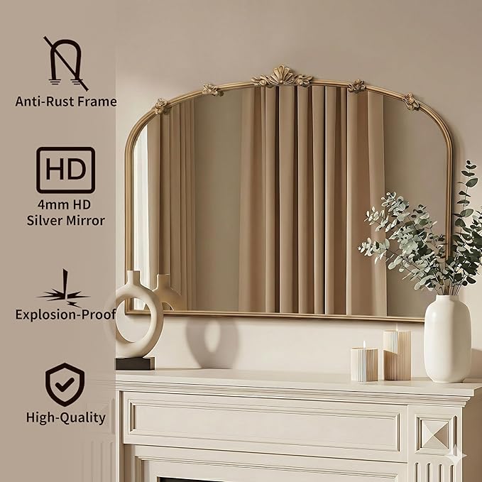 Besdomus Large Vintage Gold Mirror: 40"x29" Traditional Ornate Arched Mirror - French Baroque Antique Mirrors for Wall/Mantel/Bedroom/Entryway/Bathroom/Hallway - Home Decor for Fashion-Conscious