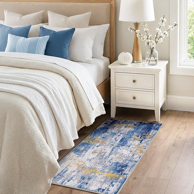 RELEANY Washable Area Rugs 2'x4' Non-Slip Modern Abstract Soft for Living Room Entryway Bedroom Nursery, Print Pattern, Grey Blue Gold/Golden