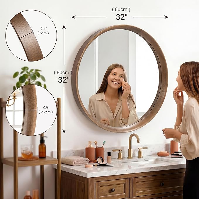 Brakki Round Wall Mirror with Wood Frame, 32 inch Circle Mirror for Bathroom Bedroom Entryway Vanity Living Room, HD Shatterproof Glass, Wall Mounted Decor, Hanging or Leaning, Walnut