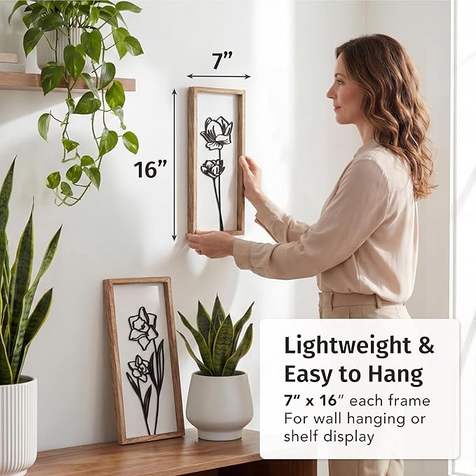 3D Black and White Wall Art (Set of 2) Lightweight, Wooden Ready-to-Hang Framed Floral Wall Art for Bathroom, Bedroom, Living Room or Office – Boho Botanical Farmhouse Decor – Gift-Boxed