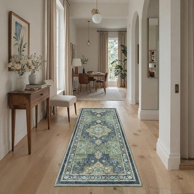 GENIMO 5x7 Area Rugs for Living Room, Machine Washable Rug, Non Slip Indoor Vintage Carpet, Low Pile Lightweight Chenille Print Carpet for Bedroom Dining Room Home Office, Green & Navy