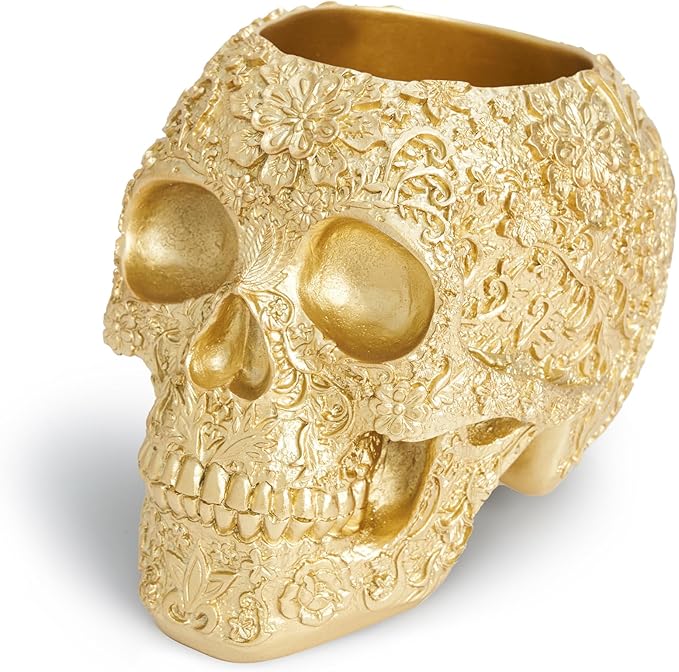 Skull Bowl Decorative Skull Vase Makeup Brush Pen Holder Organizer Dresser Gothic Table Organizer Decoration, Gold Skull Pot Enthusiasts Gifts