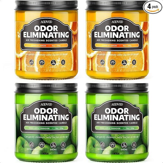 AOOVOO 4 Pack Citrus Lemon/Green Apple Odor Eliminating Highly Fragranced Candle - Eliminates 95% of Pet, Smoke, Food, and Other Smells Quickly, Non Toxic Air Freshing Soy Candle