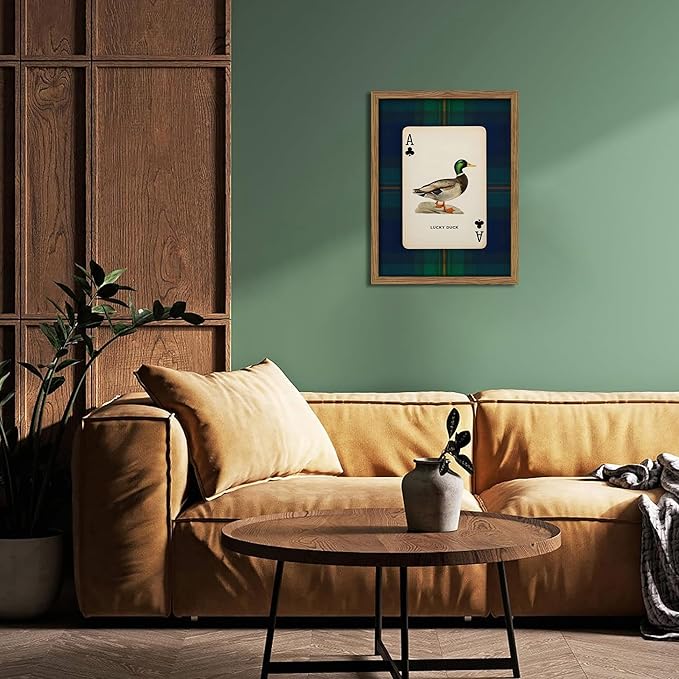 Framed Vintage Mallard Duck Wall Art, Country Lucky Duck Wildlife Poker Wall Decor Painting, Nature Rustic Farmhouse Hunting Canvas Prints Pictures for Living Room Bedroom 12x16 Inch