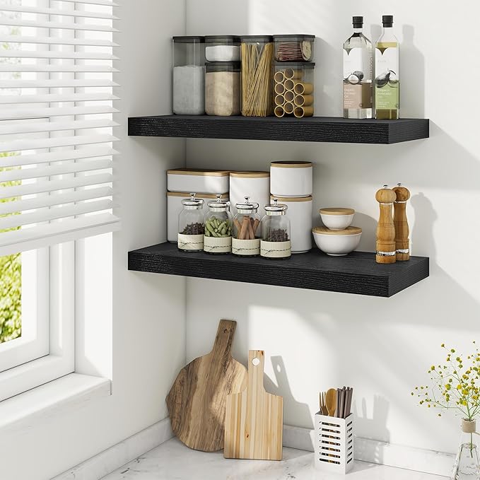Fun Memories 24 Inch Floating Shelves, 9.3 Inch Deep Rustic Wall Shelves - Extra Deeper Wall Mounted Storage Shelves for Bathroom, Kitchen, Living Room (Black, Set of 2)
