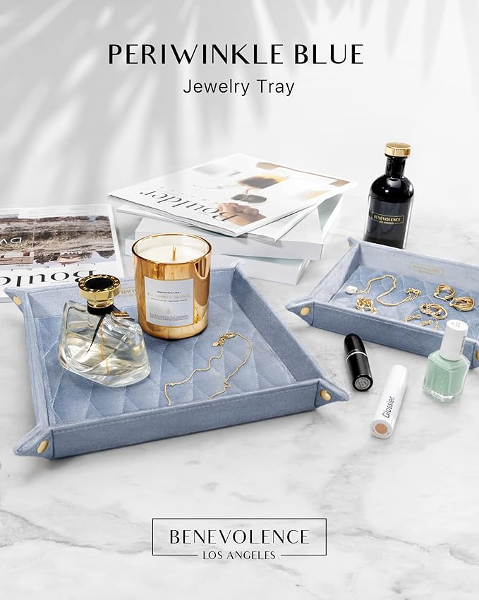 Benevolence LA Perfume & Jewelry Trays for Dresser, Set of 2 | Vanity Valet Organizer, Catch-All Tray for Makeup & Accessories | Decorative Desk & Dressing Table Organizer – Periwinkle Blue