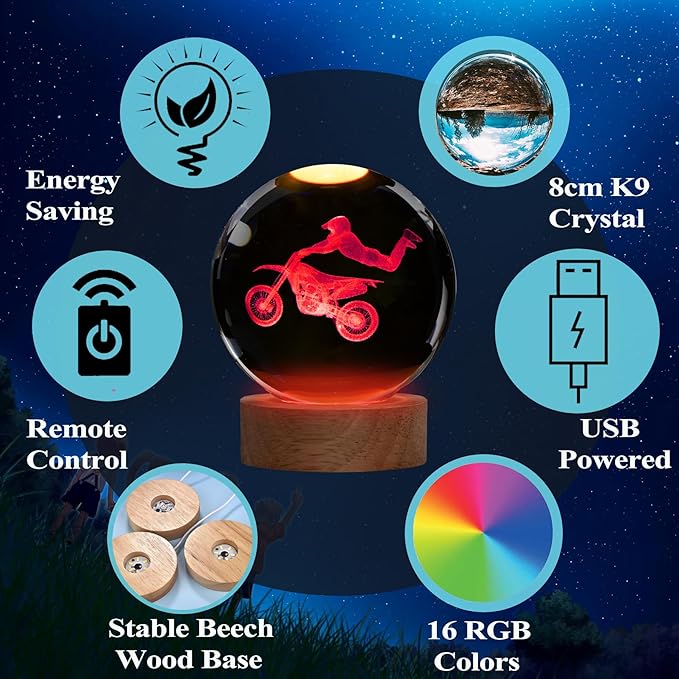 Dirt Bike Night Light, Dirt Bike Gifts, 3D Crystal Ball Dirt Bike Lamp with Remote Upgraded 3.15 Inch with 16 Color for Birthday Xmas Cool Figurines Motor Bike Gifts for Room Decor Boys Girls