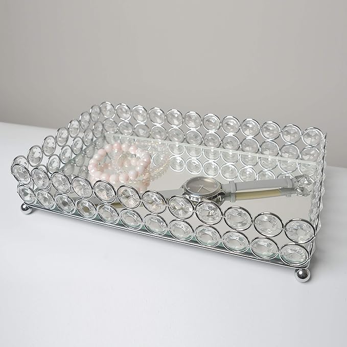 Elegant Designs HG1010-CHR Elipse Crystal Decorative Mirrored Jewelry or Makeup Cosmetic Perfume Vanity Organizer Tray, Chrome (Pack of 3)