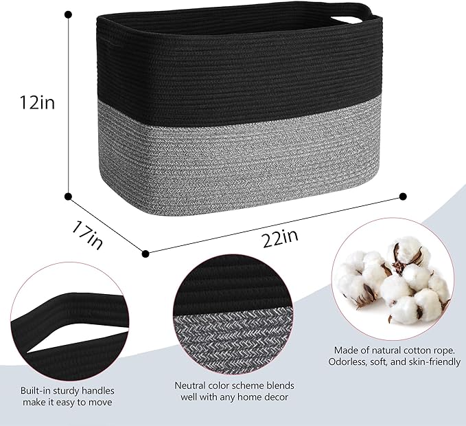 MEGASKET Extra Large Storage Baskets, 22" x 17" x 12" Black Baskets for Organizing, Rectangle Woven Basket for Blankets, Toys, Towels, Laundry, Decorative Wicker Storage Basket, Basket for Decor