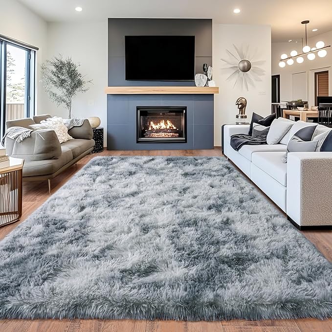 Area Rugs for Living Room 6x9, Ultra Soft Fluffy Rug for Bedroom, Modern Shaggy Carpet Fuzzy Rug for Girls Boys Room Home Indoor Nursery Teens Dorm Decor, Upgrade Non-Slip Durable, Tie-Dye Silver Grey