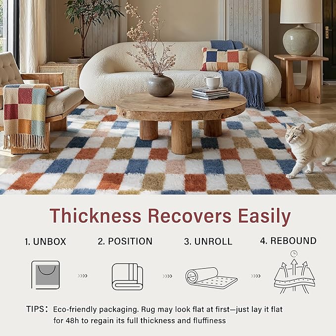 PureCozy Checkered Rug 4x4 for Living Room, Modern Rainbow Shag Rug Super Soft Washable Indoor Fuzzy Carpet Non-Slip Fluffy Rugs for Bedroom Home Aesthetic Decor