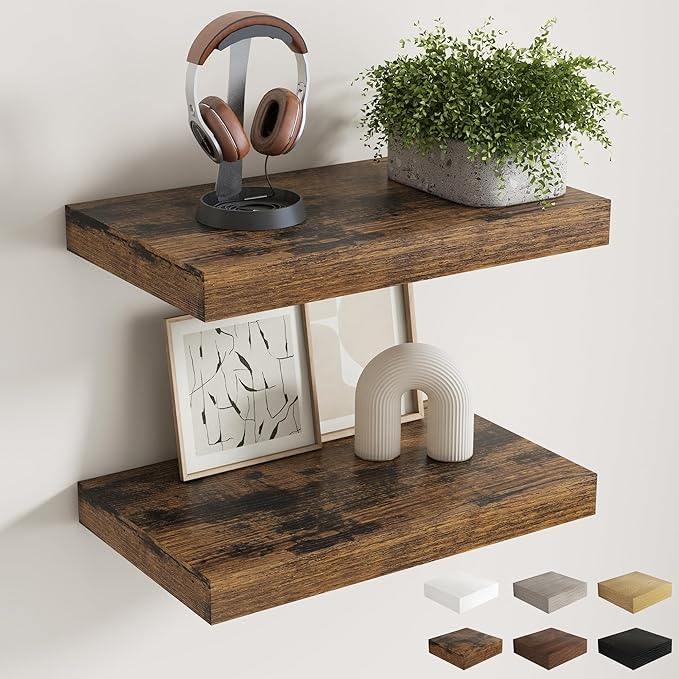 12 Inch Deep Floating Shelves for Wall, 20 x 12 Rustic Wood Grain Bathroom Shelves with Invisible Brackets, Easy Install Wood Storage Shelves for Kitchen, Living Room, Bedroom, Rustic Brown, Set of 2
