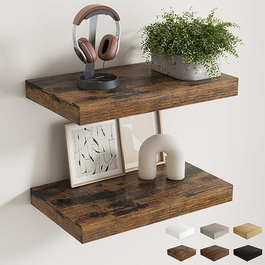 12 Inch Deep Floating Shelves for Wall, 20 x 12 Rustic Wood Grain Bathroom Shelves with Invisible Brackets, Easy Install Wood Storage Shelves for Kitchen, Living Room, Bedroom, Rustic Brown, Set of 2