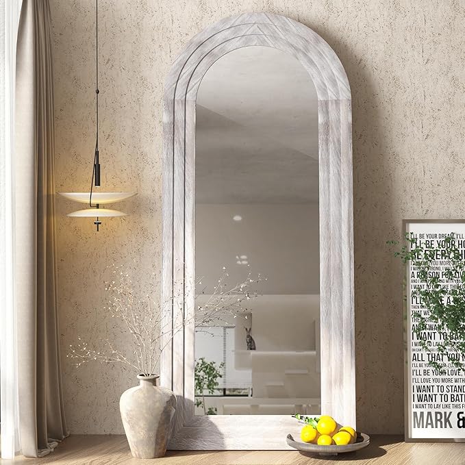 ZHUNFA Arched Full Length Mirror with Solid Wood Frame, 65x22 Farmhouse Wall Mirror Full Length with Stand, Vertical Hanging, Leaning Standing for Bedroom, Living Room, Rustic White