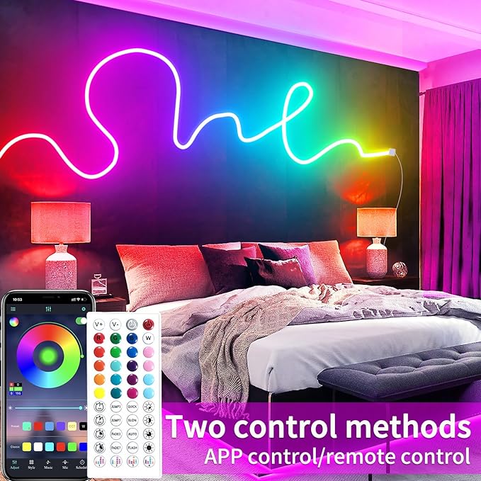 segrass 50ft RGB LED neon Rope Lights LED neon Lights with Remote Control/APP Control IP65 Waterproof Flexible Neon LED Strip Lights for Bedroom Room Outdoors Décor