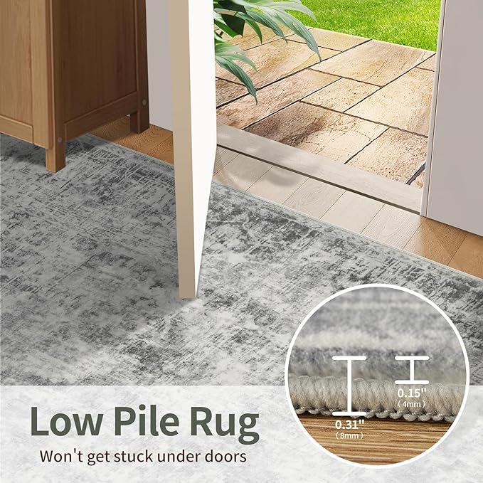 Rugxara 8x10 Area Rugs for Living Room, Large Washable Rug, Grey Vintage Abstract Boho Rug, Non Slip & Low Pile Faux Wool Carpet for Indoor Dining Room, Farmhouse and Bedroom(Grey 8x10ft)