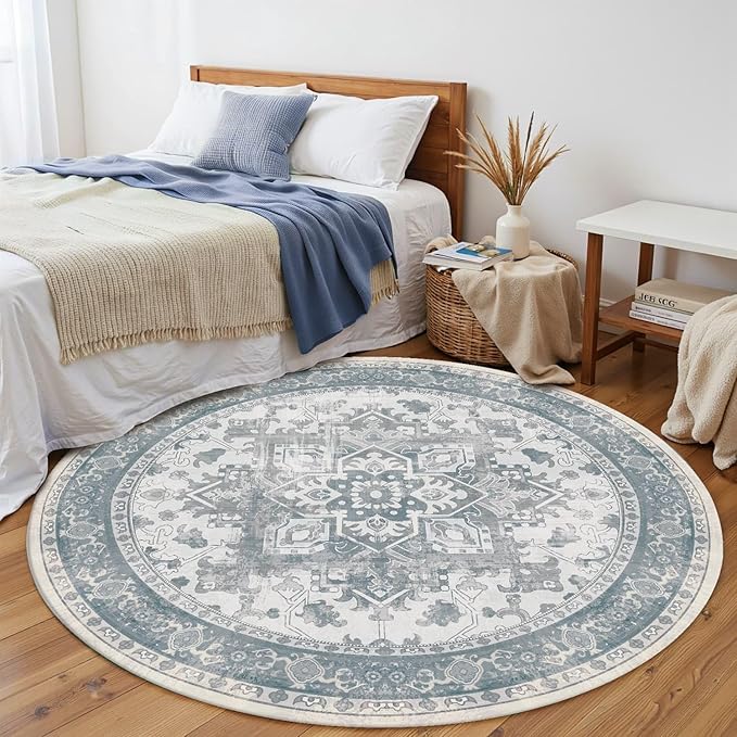 Rugxara 4ft Circle Rug, Soft Round Boho Rug, Washable Non Slip Area Rug for Living Room, Bedroom, Dining Room, Entryway, Round Rugs for Home, Patio, Office, Kids Room, Coral(Blue&Grey)