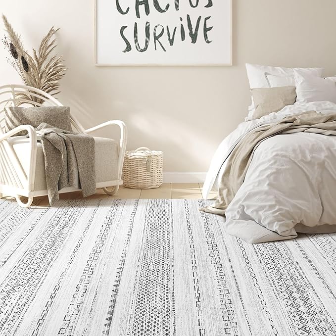 Nakagishi 7x10 Area Rug Living Room: Washable Boho Large Neutral Modern Soft Farmhouse Rugs Stain Resistant Indoor Floor Non-Slip Carpet for Bedroom Nursery Kids Playroom Office Dining Room- Grey