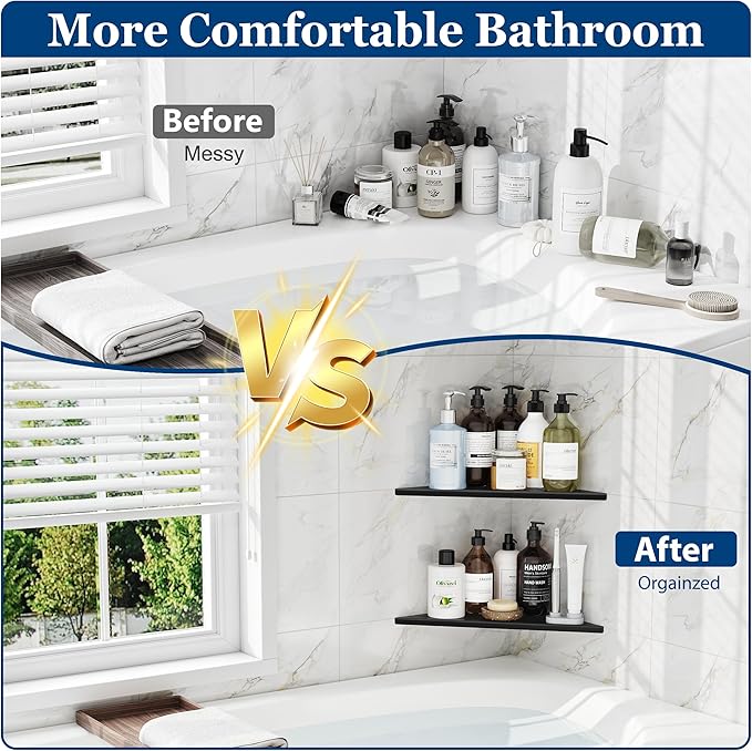 Qeke Corner Shower Shelves, 12” Recessed Tile Shower Shelf, 304 Stainless Steel Grout in Corner Tile Shower Shelves, No Drilling, Matte Black, 2 Pack